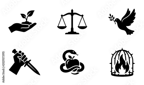 Foto Abstract Concepts Icons: Growth, Justice, Peace, Conflict, Temptation, Freedom