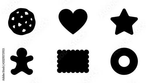 Quadro su tela Six Black Cookie Cutters, Shapes: Heart, Star, Gingerbread Man, Circle, Round, F