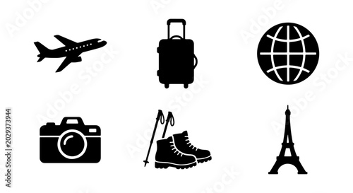 Fotografia Travel Icons Set: Airplane, Suitcase, Globe, Camera, Hiking Boots, Eiffel Tower