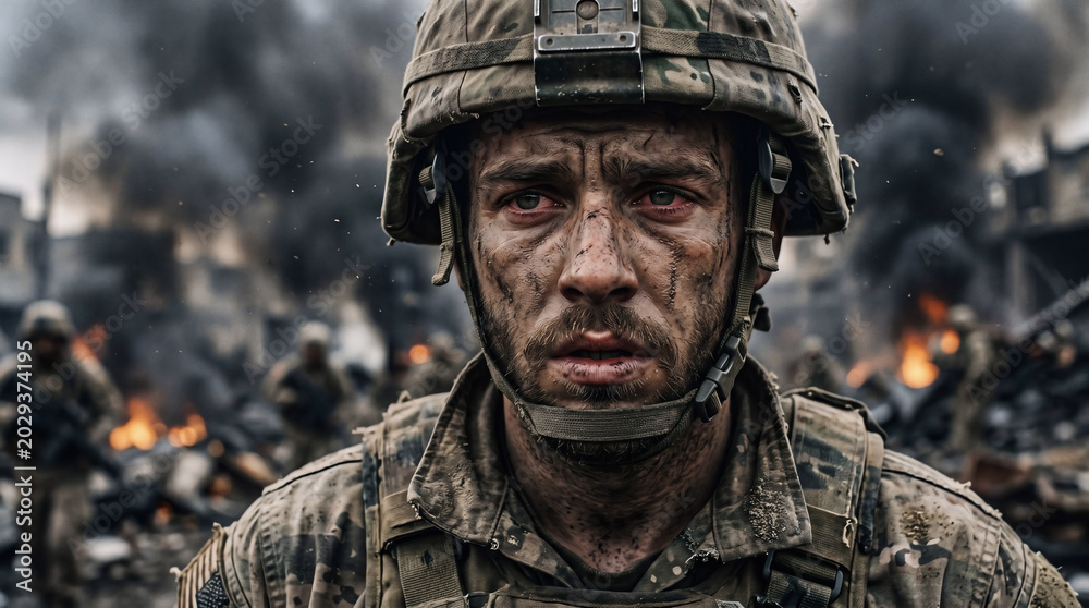 Fototapeta premium Exhausted young soldier with a dirty face standing in a war zone looking forward with a very intense emotional expression