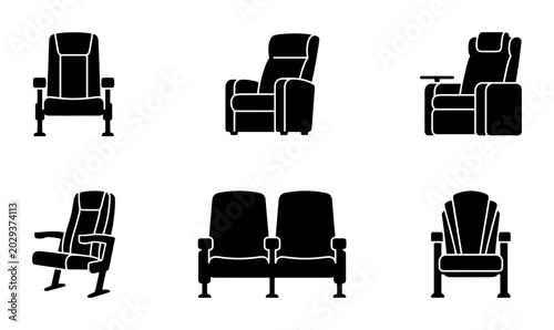 Cinema Seats Collection, Theater Chairs Icons, Auditorium Seating Vector Graphics, Entertainment Venue Seating
