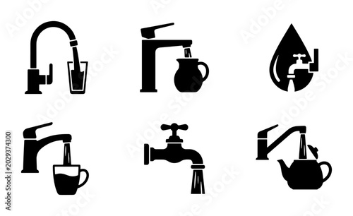 Water Faucet Icons, Tap Flow Symbols, Plumbing Fixture Vector Graphics, Liquid Dispensing Set