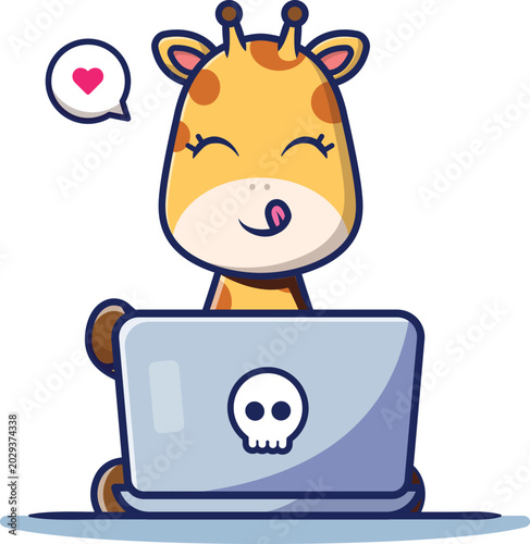 Photography Cartoon giraffe sitting on a laptop next to a skull, combining whimsical and macabre elements in a playful scene