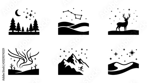 Nature Landscape Icons Set: Forest, Desert, Mountains, Aurora, Constellation, Deer