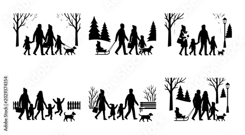 Tableau sur toile Winter Family Silhouettes, Snowy Park Scenes, People Walking Dogs, Sledding, Vec