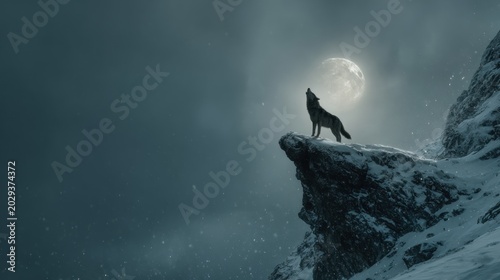 Majestic wolf howls at the full moon from a snow-covered cliff edge under a dramatic, cloudy night sky