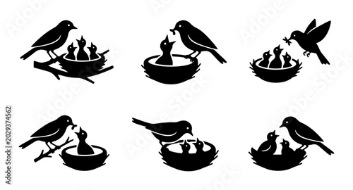 Bild auf Leinwand Bird Family Feeding Icons, Nesting Birds Silhouette Set, Parental Care Vector Gr
