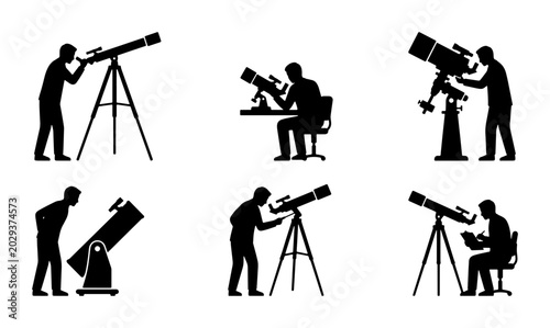 Foto Astronomy Silhouette Icons: Telescope Observation, Stargazing, Scientific Discov