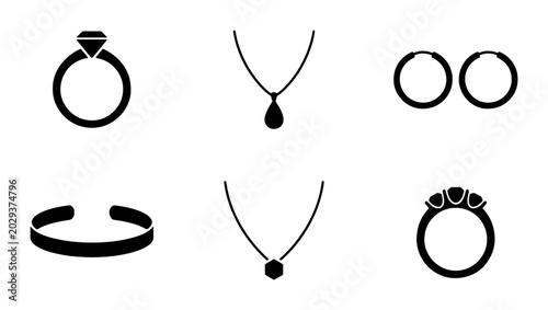 Foto Elegant Jewelry Icons Set: Rings, Necklaces, Earrings, Bracelet, Precious Gems,