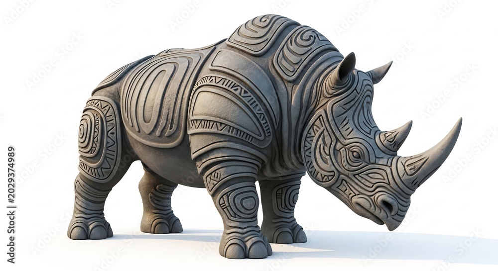 Fototapeta premium Intricate Stone Sculpture of a Rhinoceros with Detailed Textures.