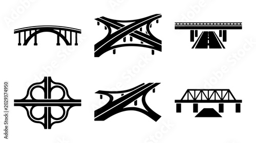 Cuadro en lienzo Highway Interchange and Bridge Icons, Transportation Infrastructure Vector Set