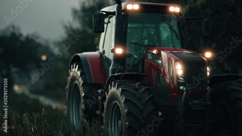 A powerful agricultural tractor driving through a field at dusk, with illuminated headlights cutting through the dim light and mist