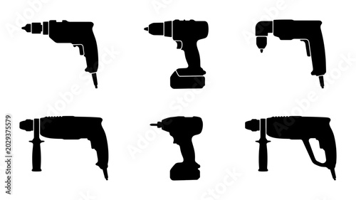 Bild auf Leinwand Drill Icons Set, Power Tool Silhouettes, Cordless and Rotary Drills Collection,