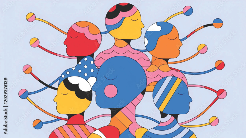 Fototapeta premium Diverse group of people silhouettes connected by colorful network nodes and lines vector background