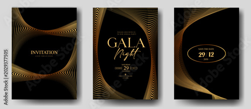 Luxury gala night invitation card collection with golden striped wave pattern and elegant black premium background design for VIP event, wedding and corporate branding use