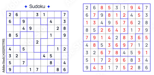 Jigsaw puzzle of sudoku with red and blue grid layout concept of sudoku  