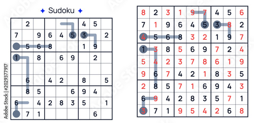 Sudoku puzzle with highlighted numbers and pathways for solving  