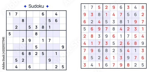 Sudoku puzzle with empty grid and completed numbers on background  