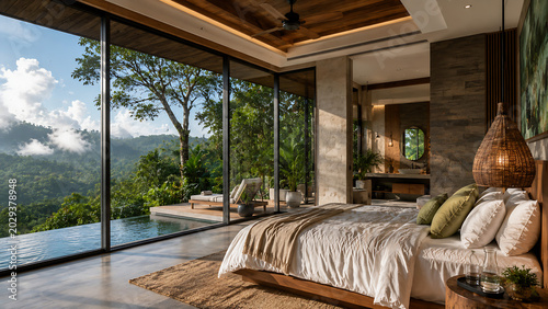 A photorealistic, highly detailed cinematic shot of a luxury hotel bedroom during a heavy rainy season