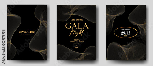 Luxury gala night invitation card set with flowing golden smoke wave effect and elegant black premium background design for VIP party, wedding and branding use