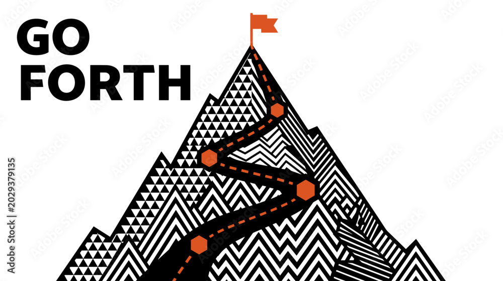 Fototapeta premium go forth concept vector illustration of a geometric mountain with orange path and flag, route to peak, business journey and pattern