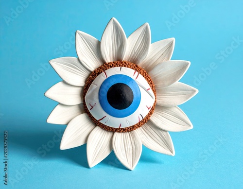 Whimsical flower with an eyeball center on blue