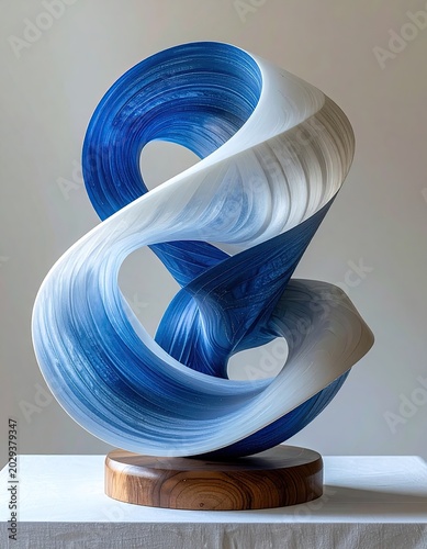 Abstract sculpture of flowing blue and white form
