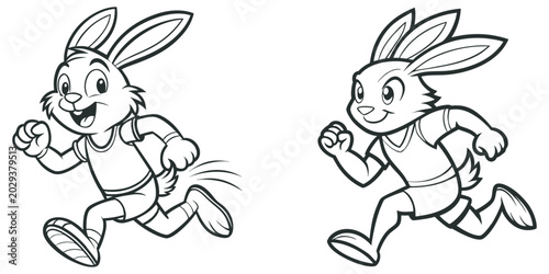 Two cartoon running rabbits black and white line art coloring page.