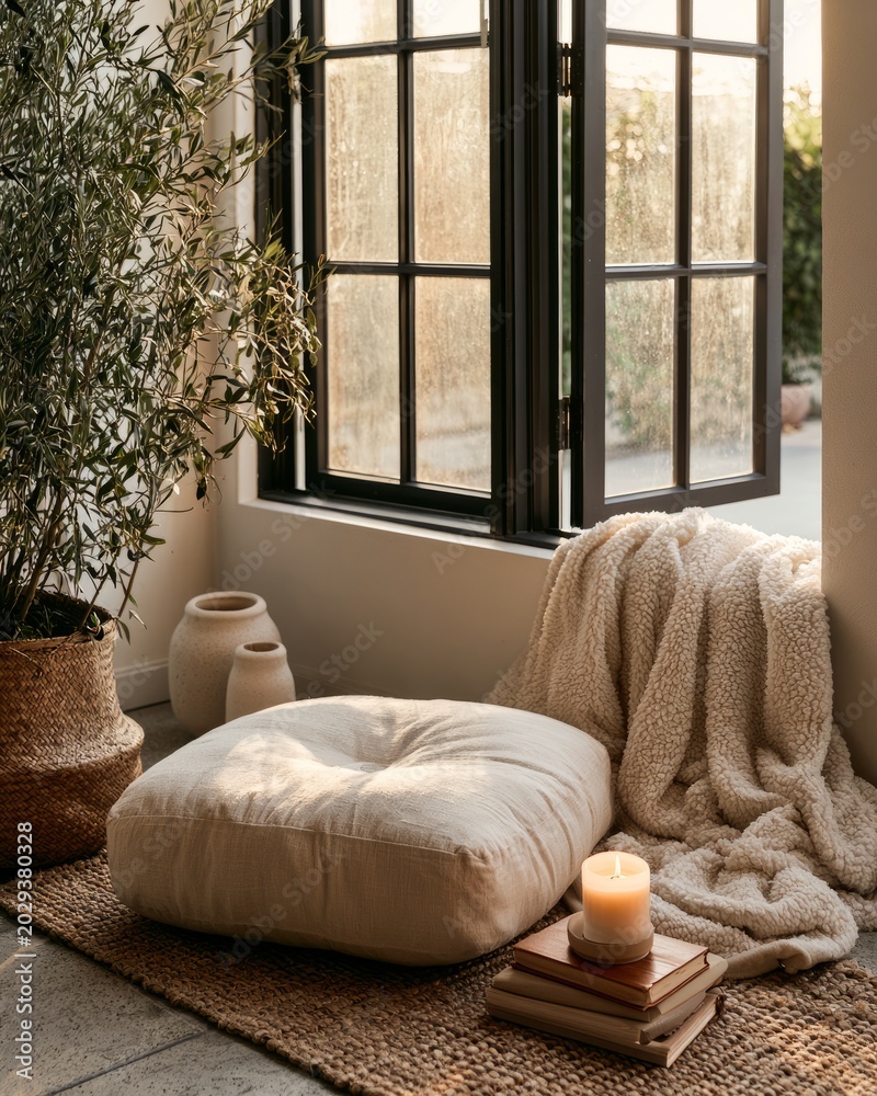 Fototapeta premium Cozy Meditation Cushion with Blanket and Candle by Open Window