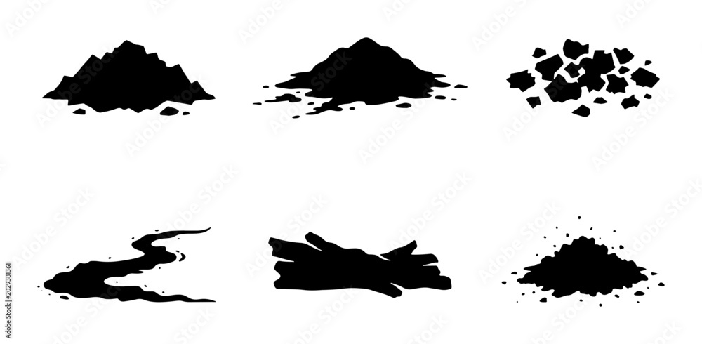 Fototapeta premium Collection of Black Silhouette Piles of Dirt, Soil, and Debris for Earth and Ground Textures