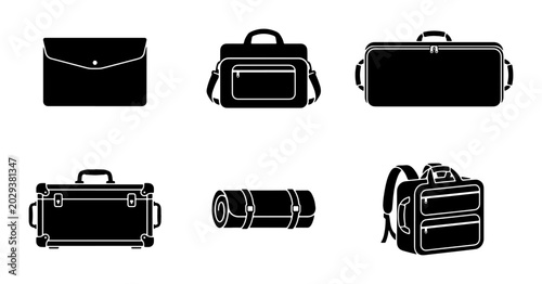 Tableau sur toile Black Silhouette Luggage and Bags Collection, Travel Cases, Backpacks, Briefcase