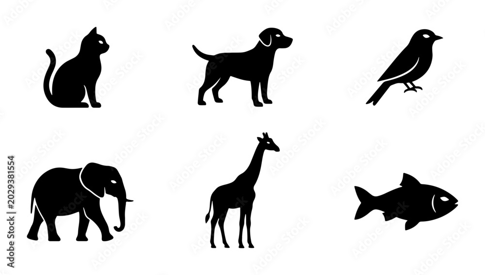 Obraz premium Set of 6 Animal Silhouettes: Cat, Dog, Bird, Elephant, Giraffe, Fish Icons