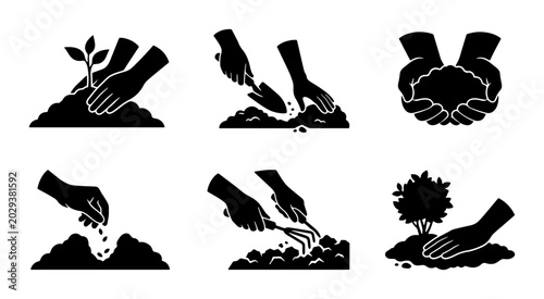 Slika na platnu Gardening Icons Set: Planting, Sowing, Transplanting, Soil Care, Vector Graphics