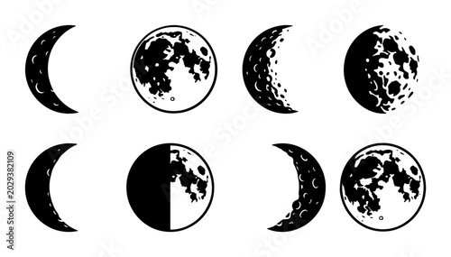 Fotografie Moon Phases Vector Icons, Celestial Cycle Illustrations, Lunar Orbit Graphic Ele