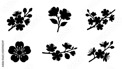 Black Cherry Blossom Branch Silhouettes, Spring Floral Vector Elements, Delicate Flower Icons