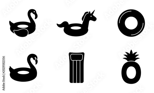 Summer Pool Floats Vector Icons: Flamingo, Unicorn, Pineapple, Ring, Mattress