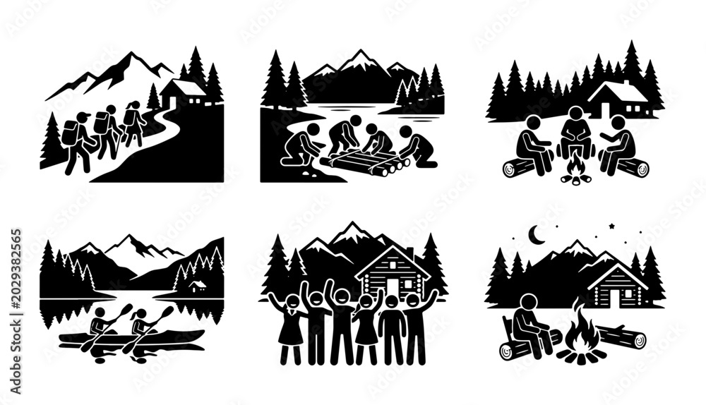 Obraz premium Outdoor Adventure Icons: Camping, Hiking, Kayaking, Group Activities, Mountain Scenery, Vector Set