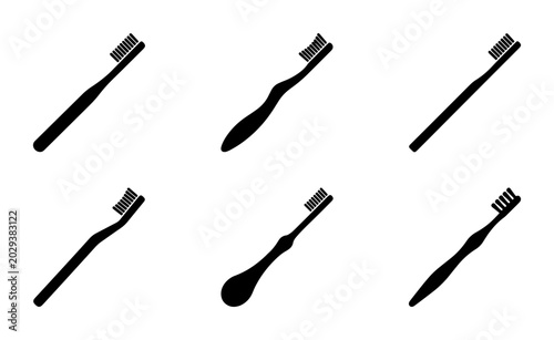 Foto Six Black Toothbrush Icons, Dental Hygiene Vector Set, Oral Care Essentials