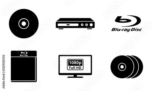 Fotografie Blu-ray Disc Icons: Player, Full HD TV, Disc Set, Case, Technology Graphics