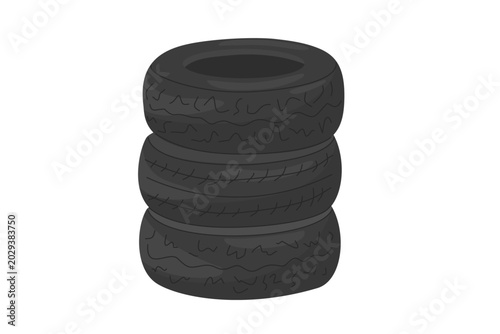Photos Three used car tires stacked for ecological recycling and disposal