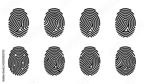 Canvas Print Eight Unique Fingerprint Icons, Black and White Identity Marks, Personal Biometr
