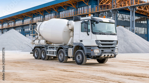 A white concrete truck (mixer) stands on the industrial site of a cement factory, with warehouses and piles of crushed stone and sand in the background.