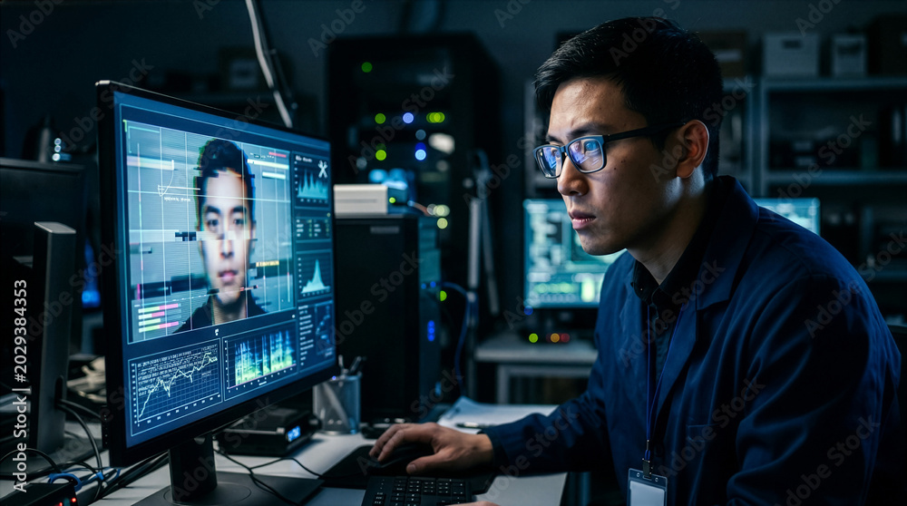 Fototapeta premium Asian Business Analyst Reviewing Complex Data Visualization in Low Light Control Room Setting