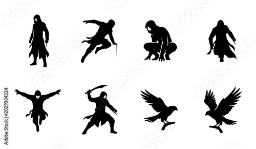 Foto Assassin Silhouettes, Warrior Poses, Eagle Flight, Dark Fantasy Vector Icons Set