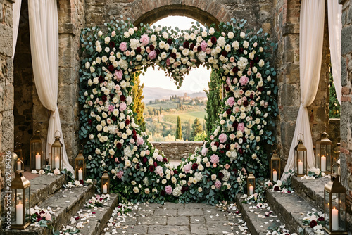 Luxurious heart shaped floral archway at a destination wedding venue in the tuscan hills