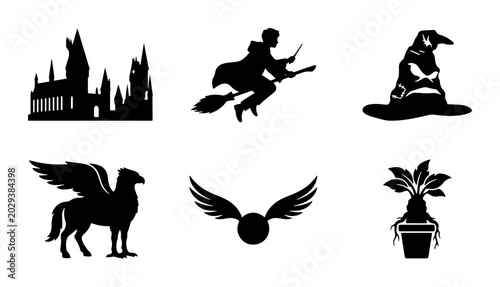 Foto Magic Icons Set: Castle, Wizard, Hat, Pegasus, Golden Snitch, Mandrake, Fantasy
