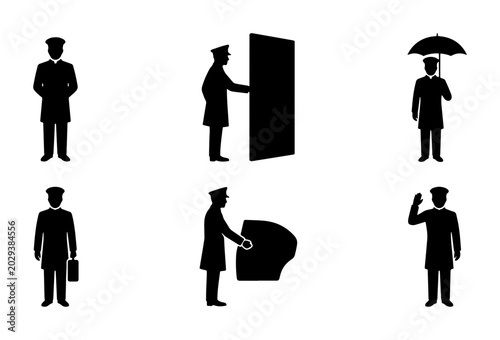 Canvas Print Chauffeur Icons Set: Valet, Door, Umbrella, Luggage, Greeting, Standing