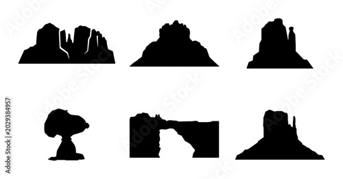 Tableau sur toile Desert Rock Formations Silhouettes, Arches, Buttes, Mesa Vector Icons for Nature