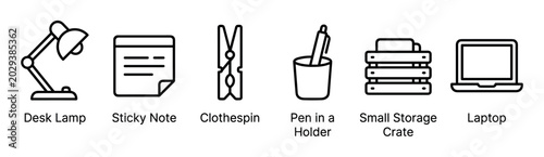 Collection of six simple black outline icons representing common office and household items, including a desk lamp, sticky note, clothespin, pen in a holder, small storage crate, and a