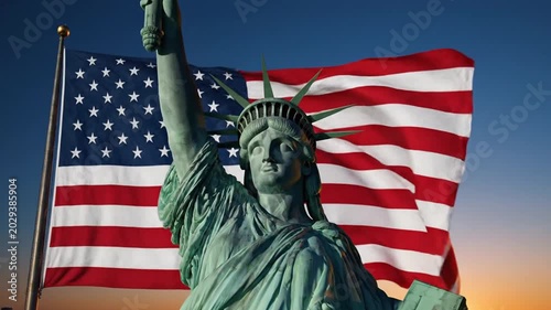 Statue of Liberty standing before a large waving American flag at sunset.